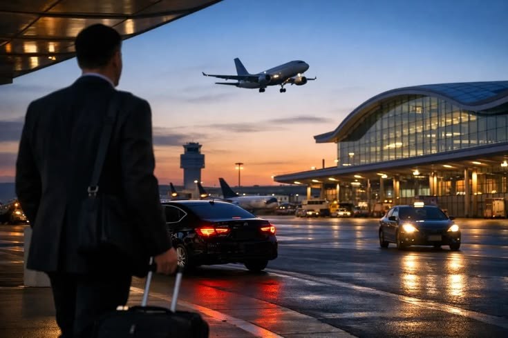 Transporte executivo para o aeroporto Santos Dumont ao entardecer